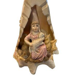 Vintage Hand-Painted Conch Shell Figurine With Girl & Lamb Scene